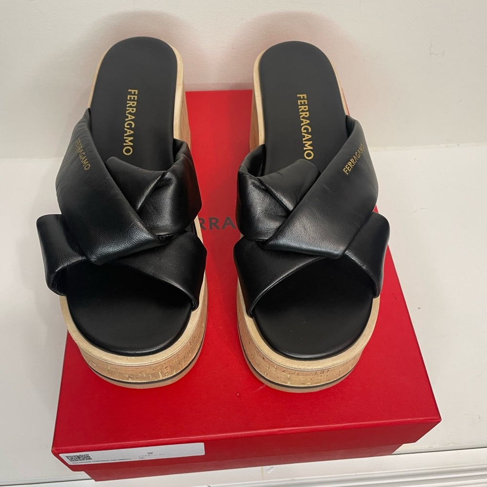 Salvatore Ferragamo Black and Tan Platform Sandals